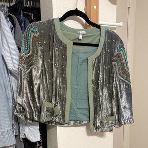 Embellished Velvet Open-Front Jacket in Sage Green by Anthro-inspired Label